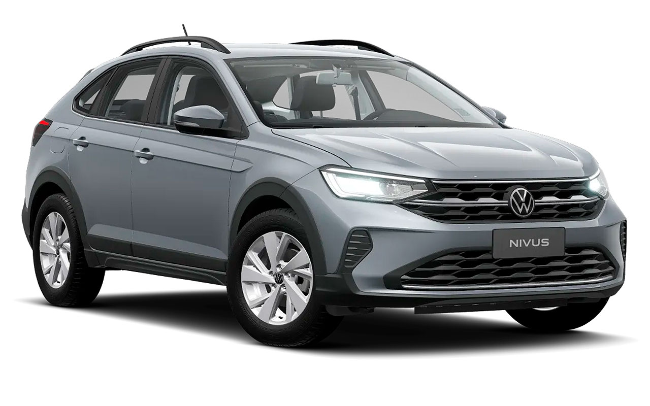 Volkswagen Nivus cinza visto de frente e de lado sobre fundo branco