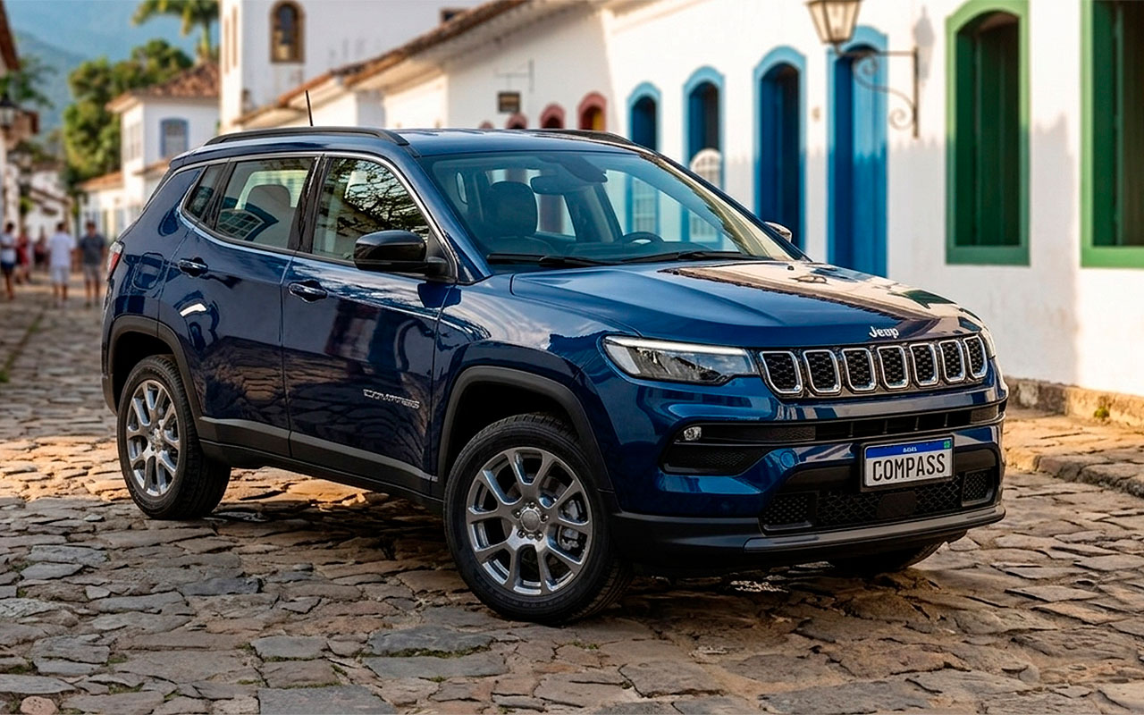Jeep Compass Sport azul em vista dianteira de três quartos