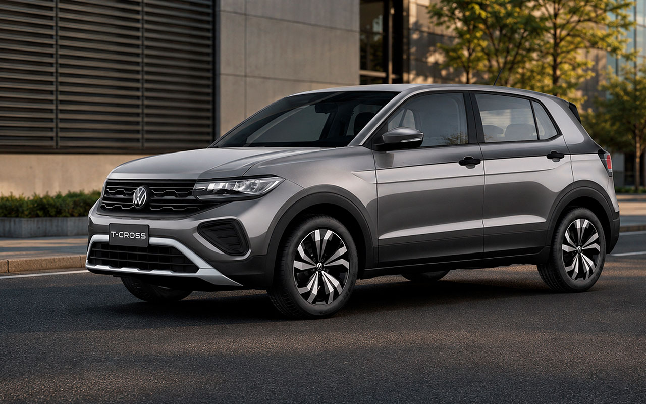 Volkswagen T-Cross cinza visto de frente e de lado
