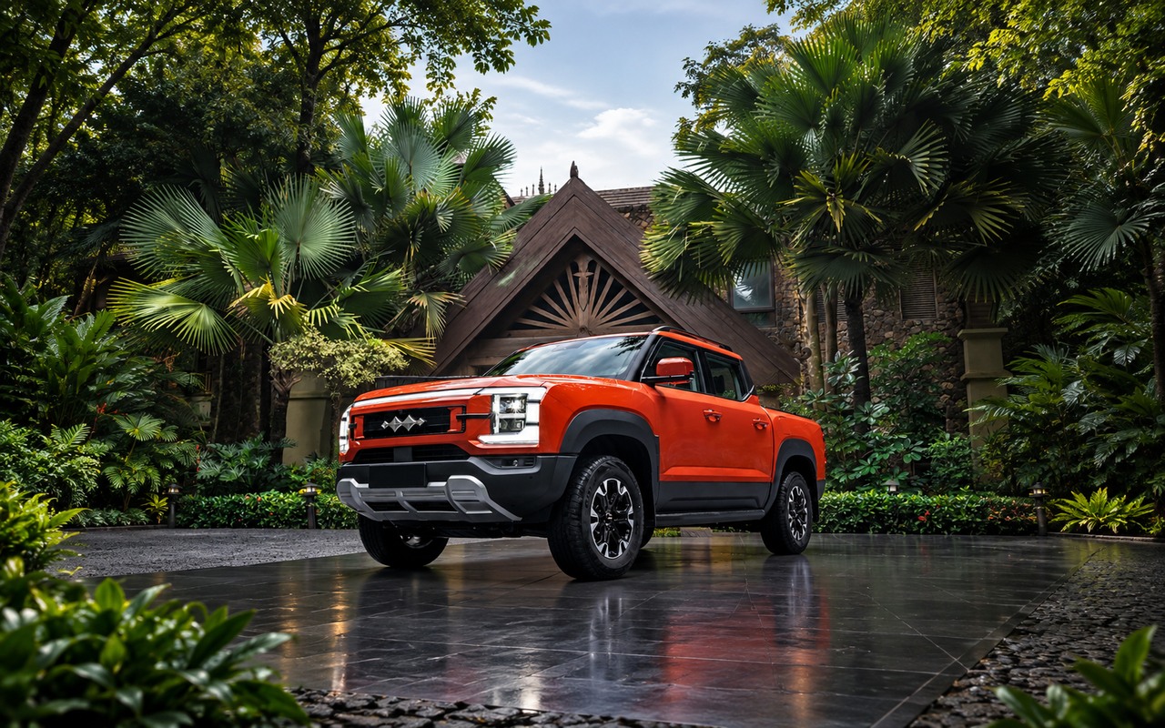 BYD Shark laranja centralizada em cenário arborizado, com enquadramento seguro para recorte vertical