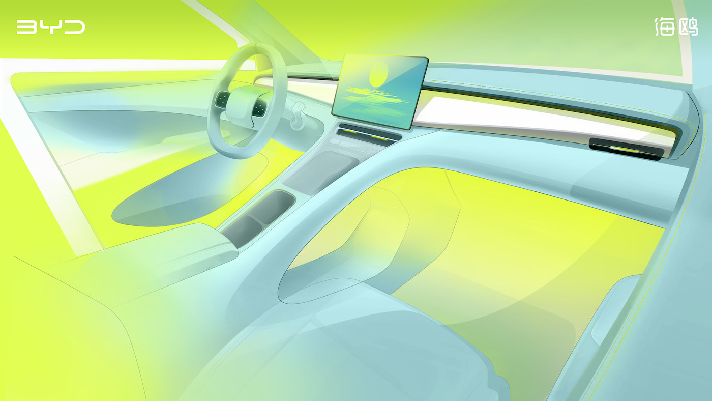 Ilustração oficial do novo painel do BYD Seagull, com tela central e volante de dois raios