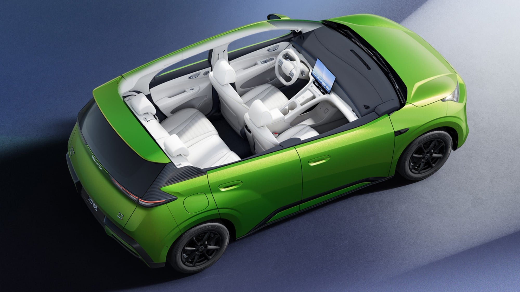 Ilustração da cabine do novo BYD Seagull verde com cinco lugares e bancos claros