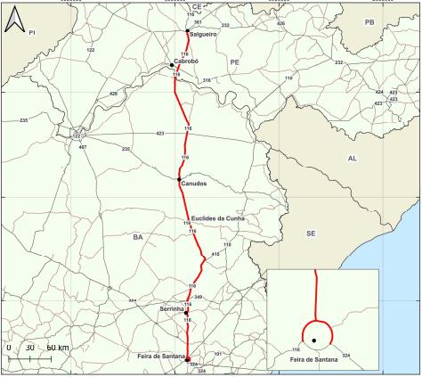 Mapa oficial do traçado da Rota dos Sertões entre Bahia e Pernambuco