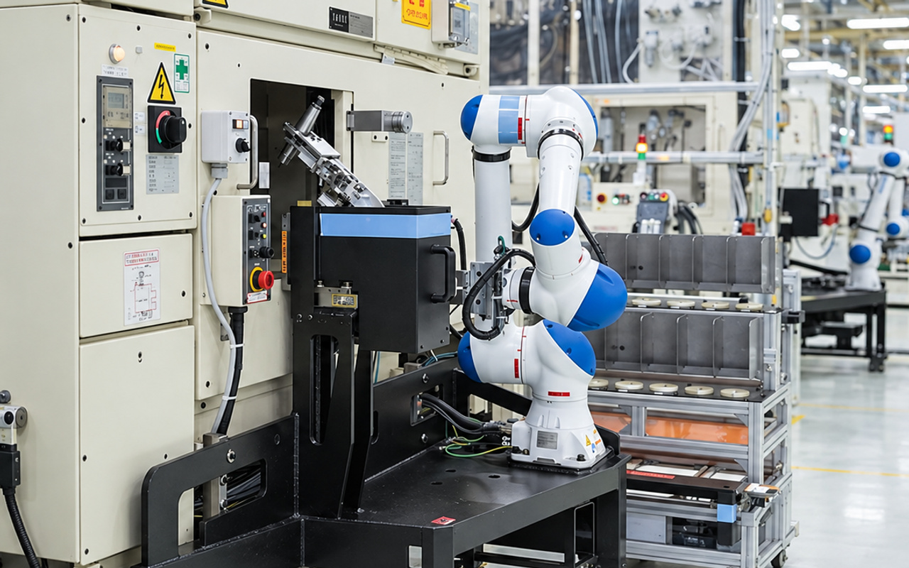Robô industrial colaborativo branco e azul utilizado pela Toyota