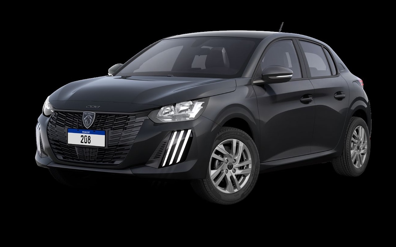 Peugeot 208 Active Turbo preto visto de frente e de lado em imagem oficial