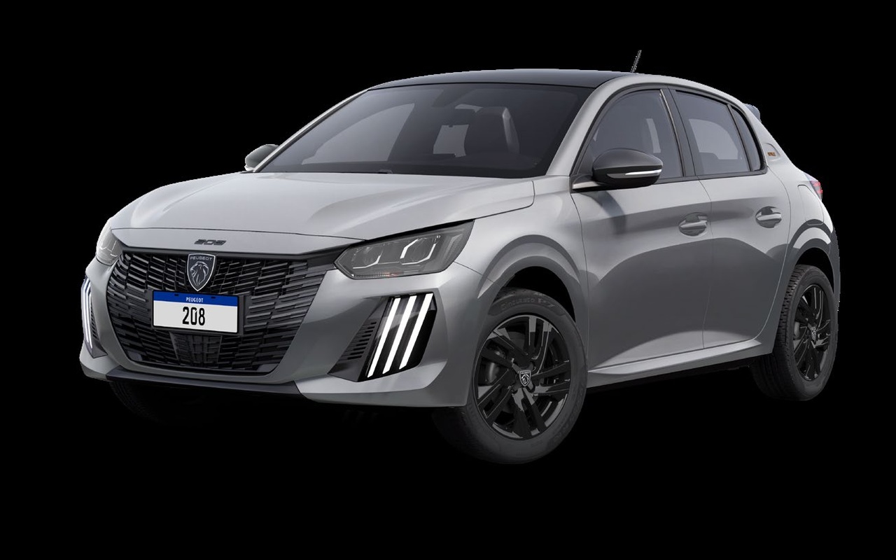 Peugeot 208 Style cinza visto de frente e de lado, com rodas escuras e faróis de LED