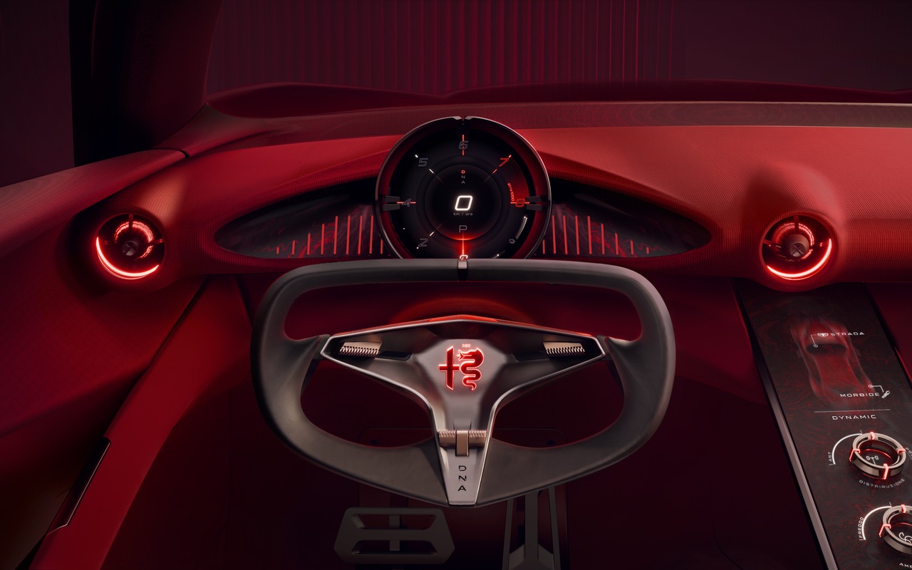 Painel do Alfa Romeo Cuorerosso com os instrumentos reunidos na configuração Concentrato