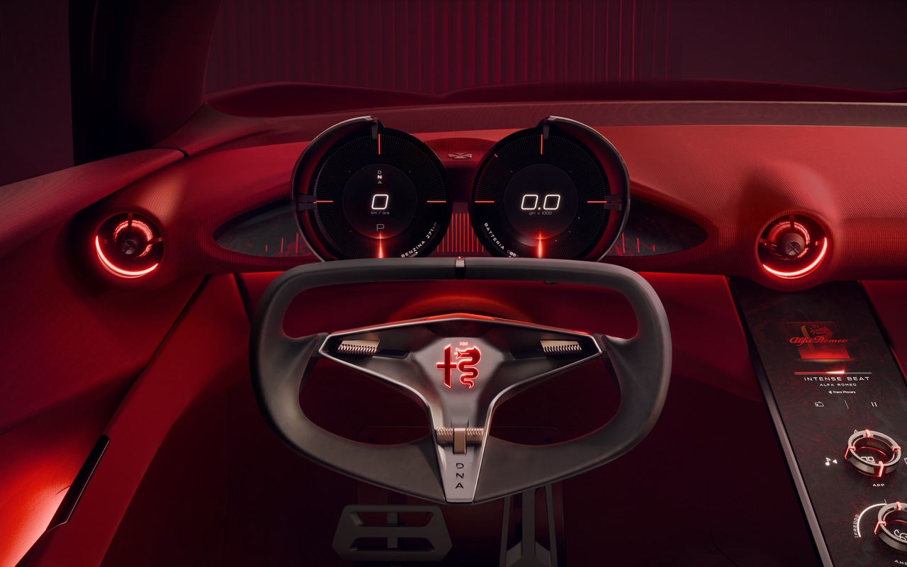 Painel do Alfa Romeo Cuorerosso com dois instrumentos circulares na configuração Immersivo