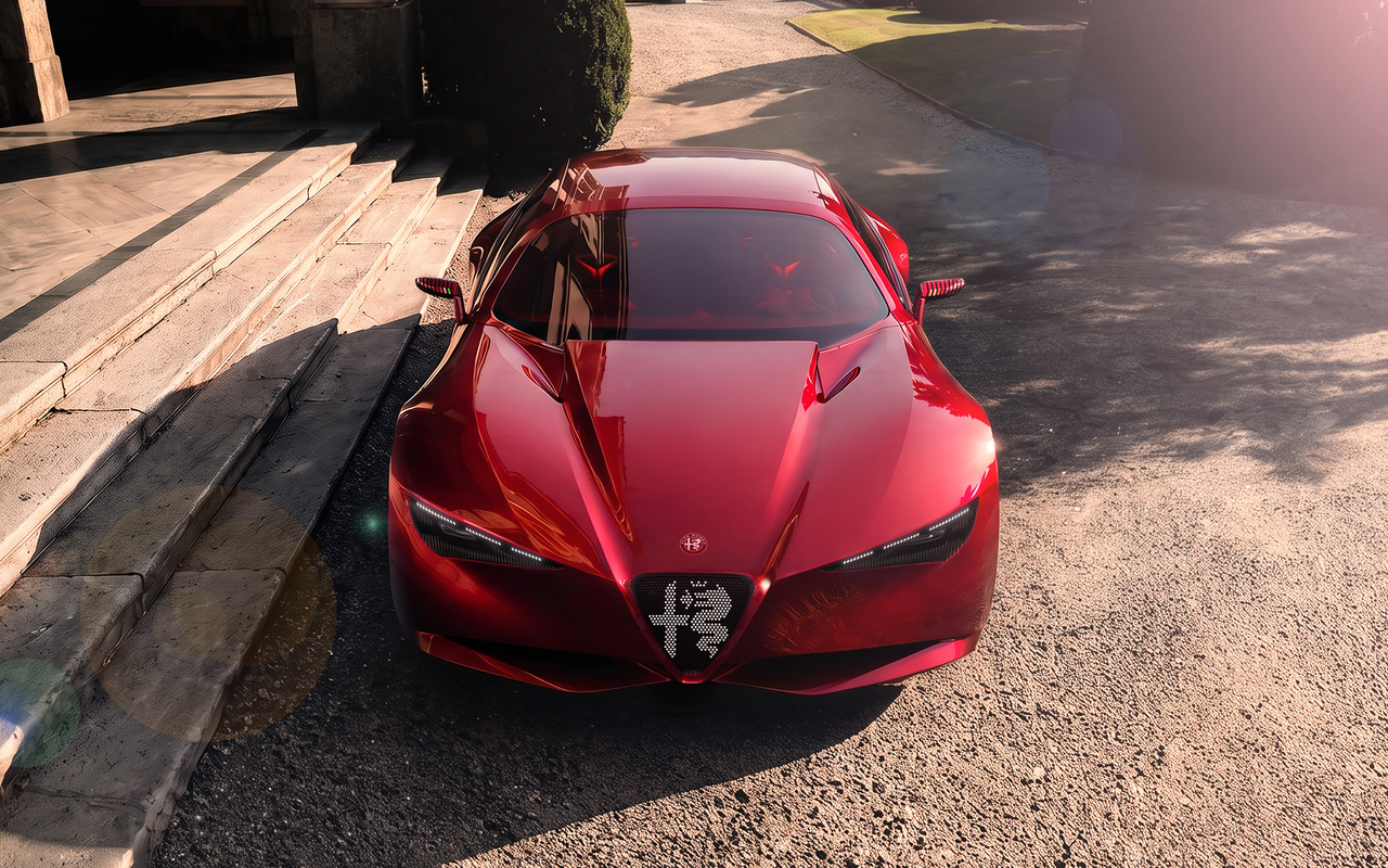 Alfa Romeo Cuorerosso vermelho visto de frente e de cima sob luz natural