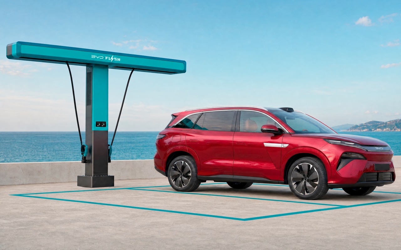 Ilustração oficial da BYD mostra o Atto 8 elétrico vermelho ao lado de uma estação Flash Charging