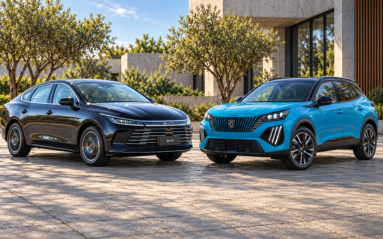 Montagem com BYD King preto à esquerda e Peugeot 2008 azul à direita, vistos de frente e de lado