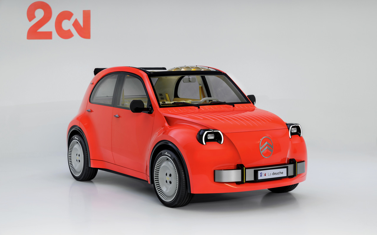 Citroën 2 CV Concept vermelho visto de frente e de lado em apresentação oficial