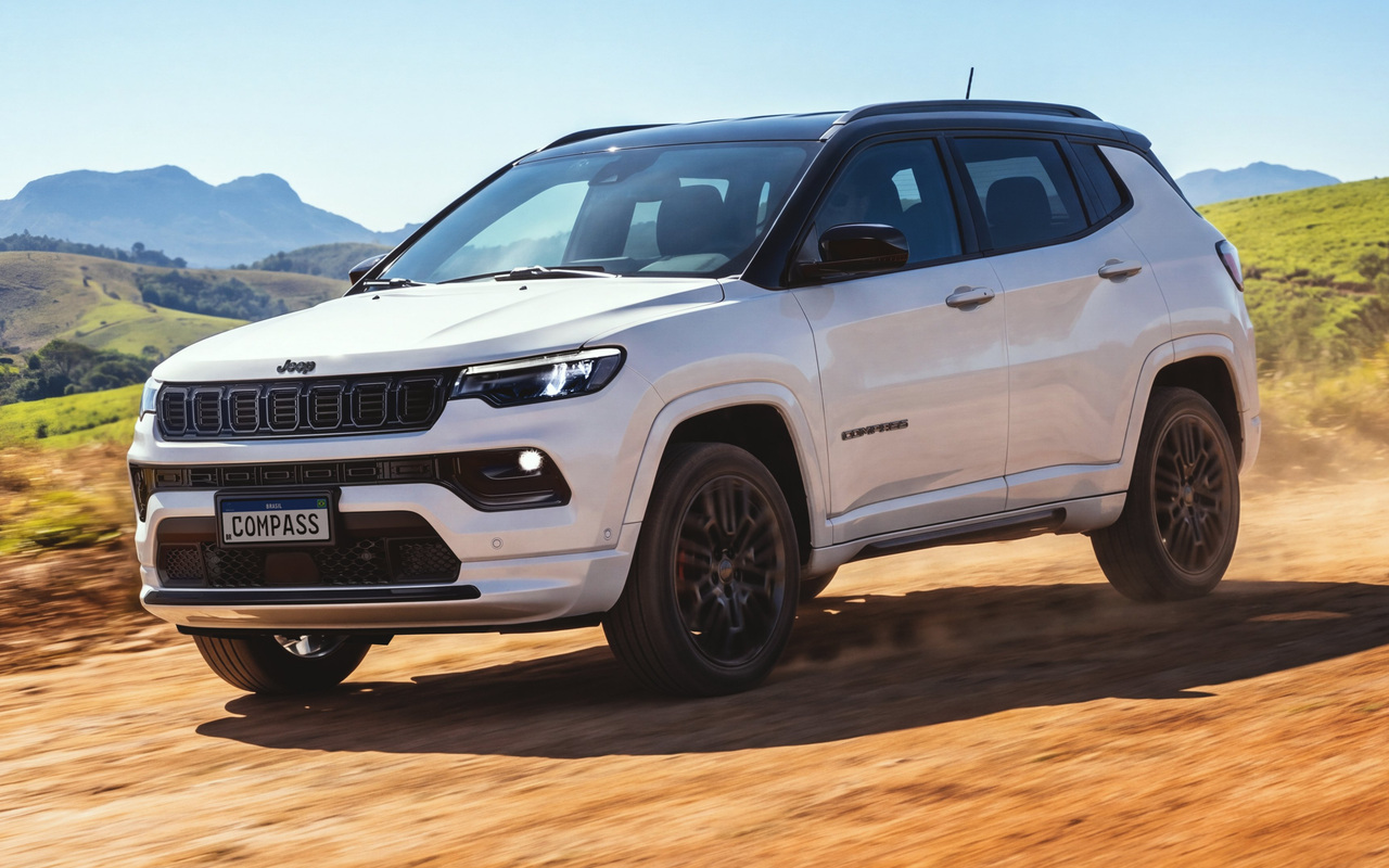 Jeep Compass Blackhawk 2027 branco em estrada de terra