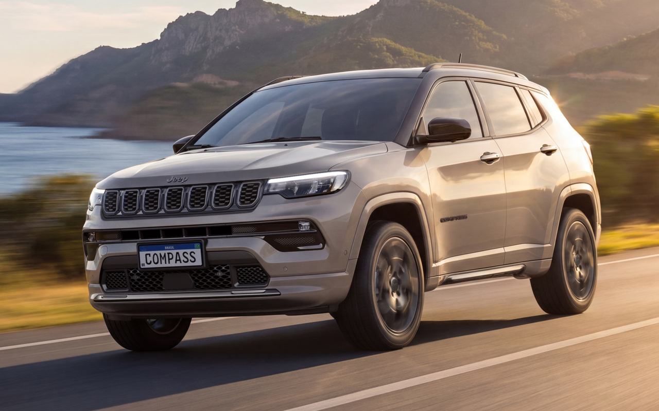 Jeep Compass Série S 2027 em estrada, visto de frente em três quartos