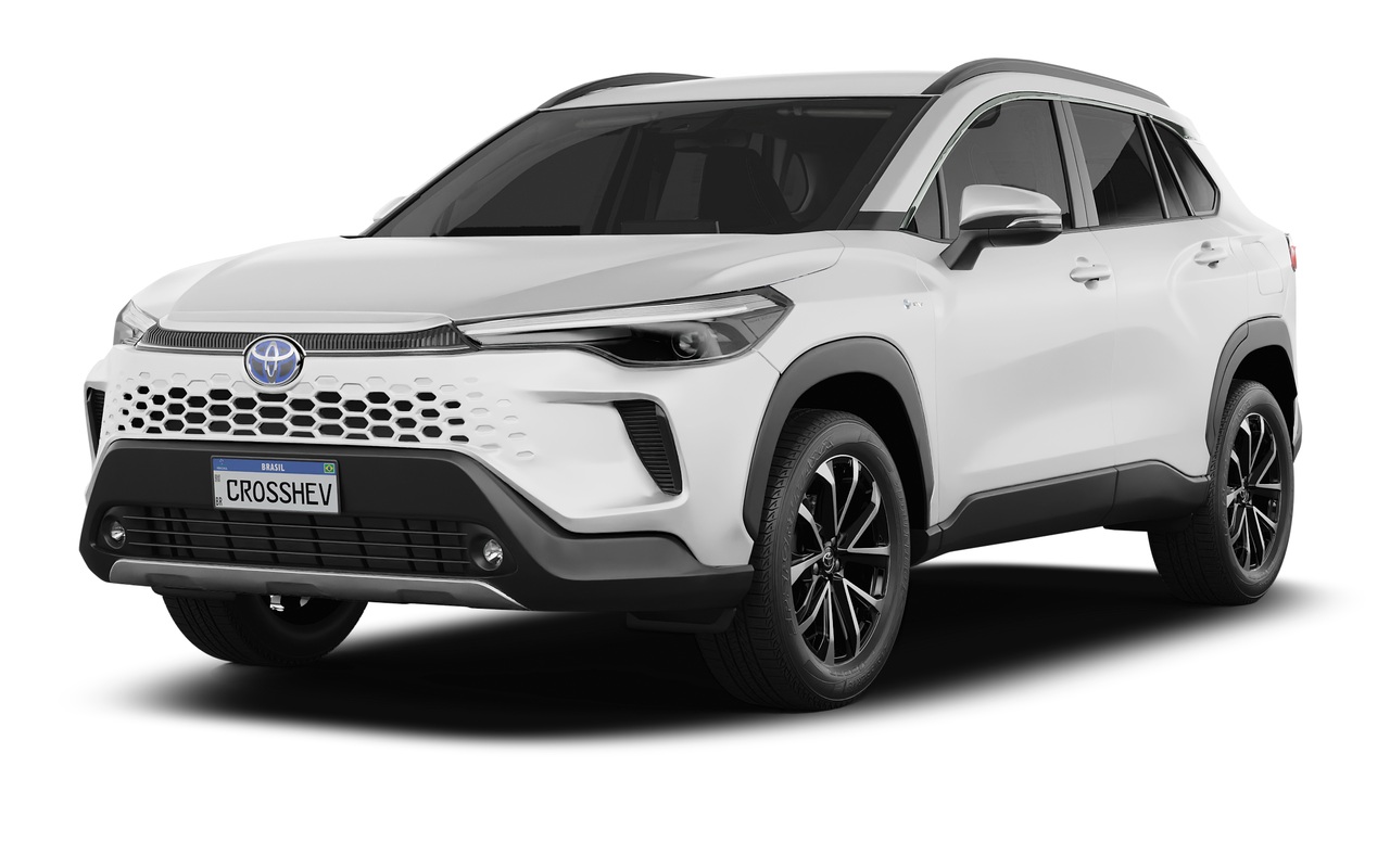 Toyota Corolla Cross XRV Hybrid branco visto de frente e de lado