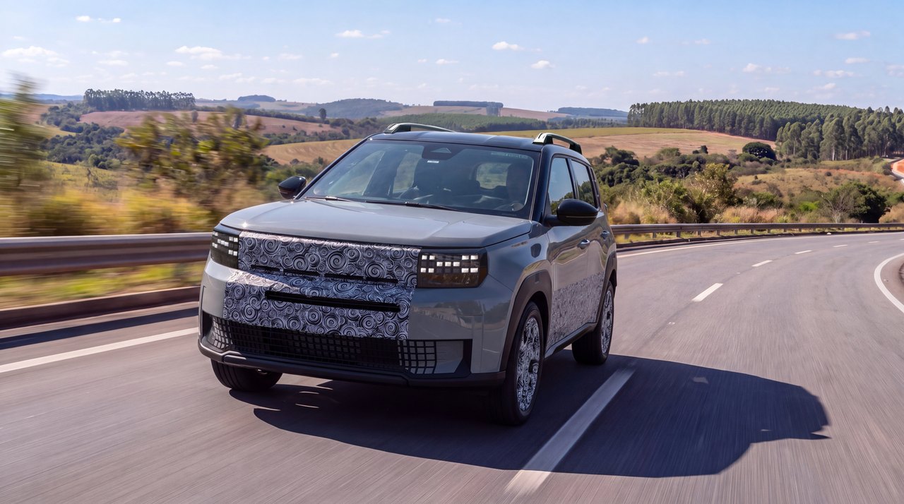 Fiat Argo X cinza parcialmente camuflado fotografado de frente e de lado durante teste em rodovia
