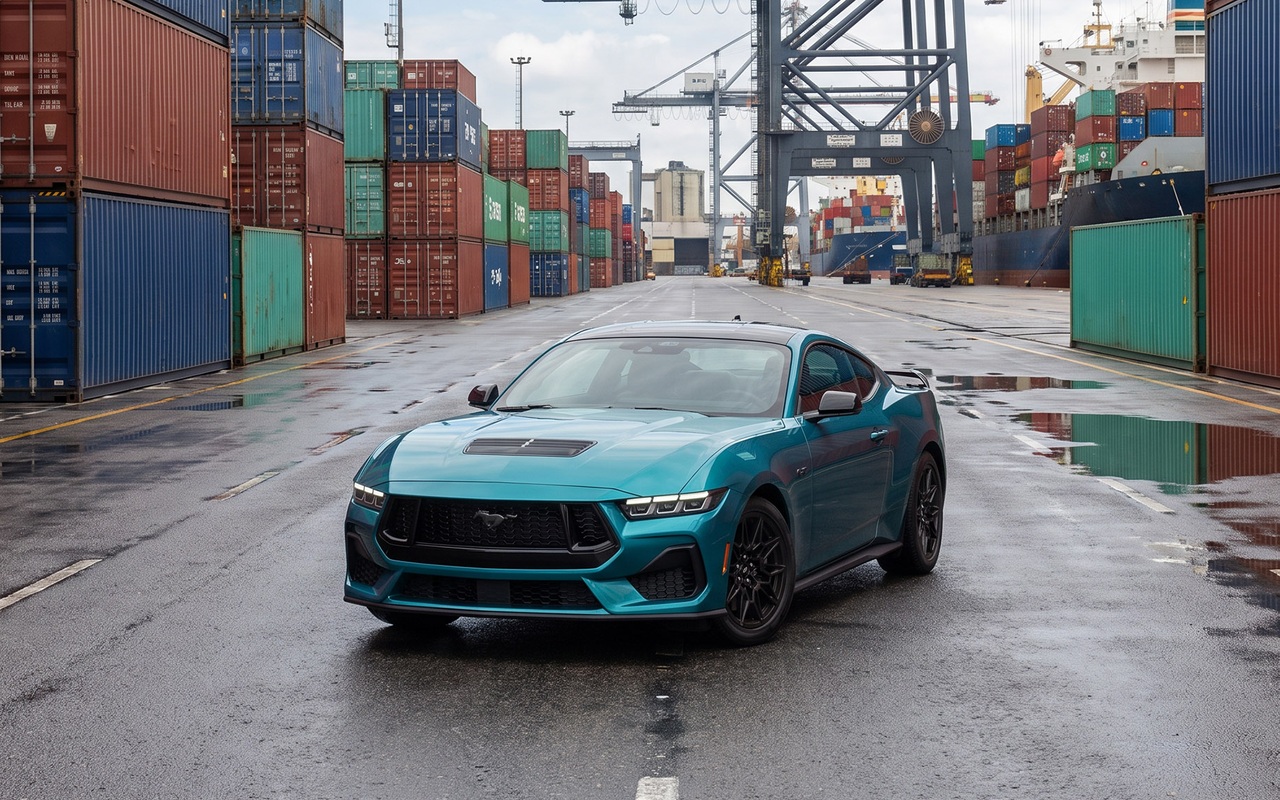 Mustang GT Performance 2026 azul visto de frente e lateral no porto