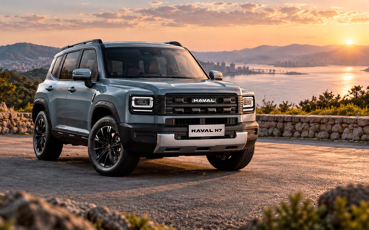 Haval H7 cinza em imagem de divulgação da versão internacional, visto de três quartos dianteiro