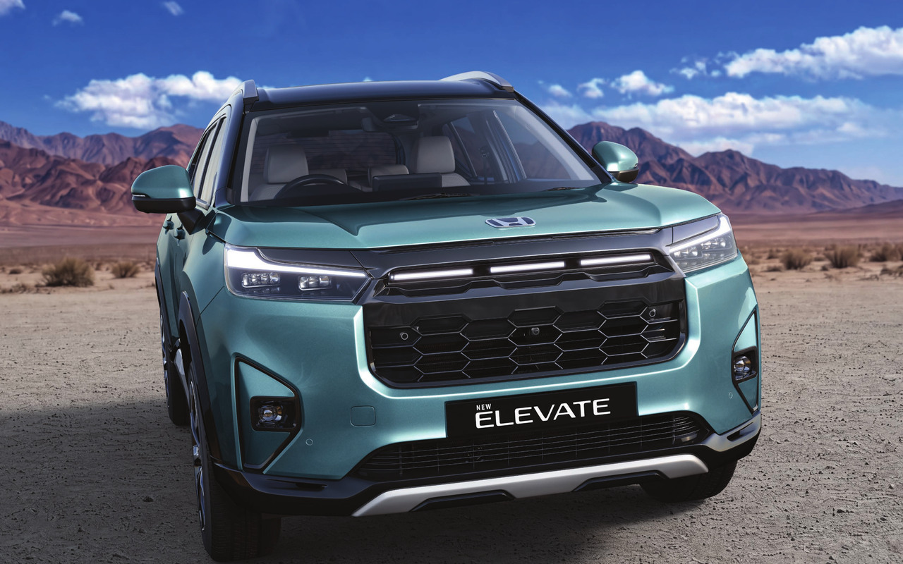 Dianteira do Honda Elevate reestilizado com grade hexagonal e três barras de LED