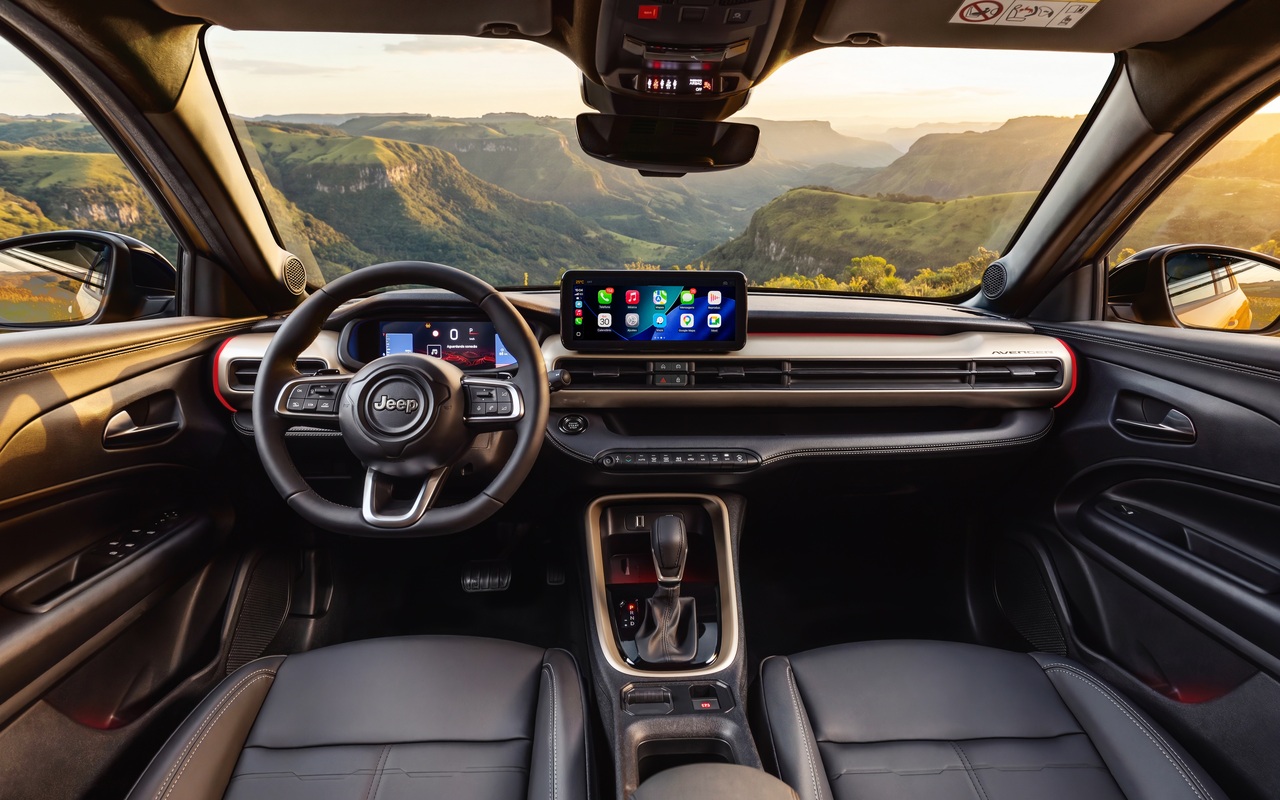 Interior do Jeep Avenger Limited com volante multifuncional, painel digital e central multimídia