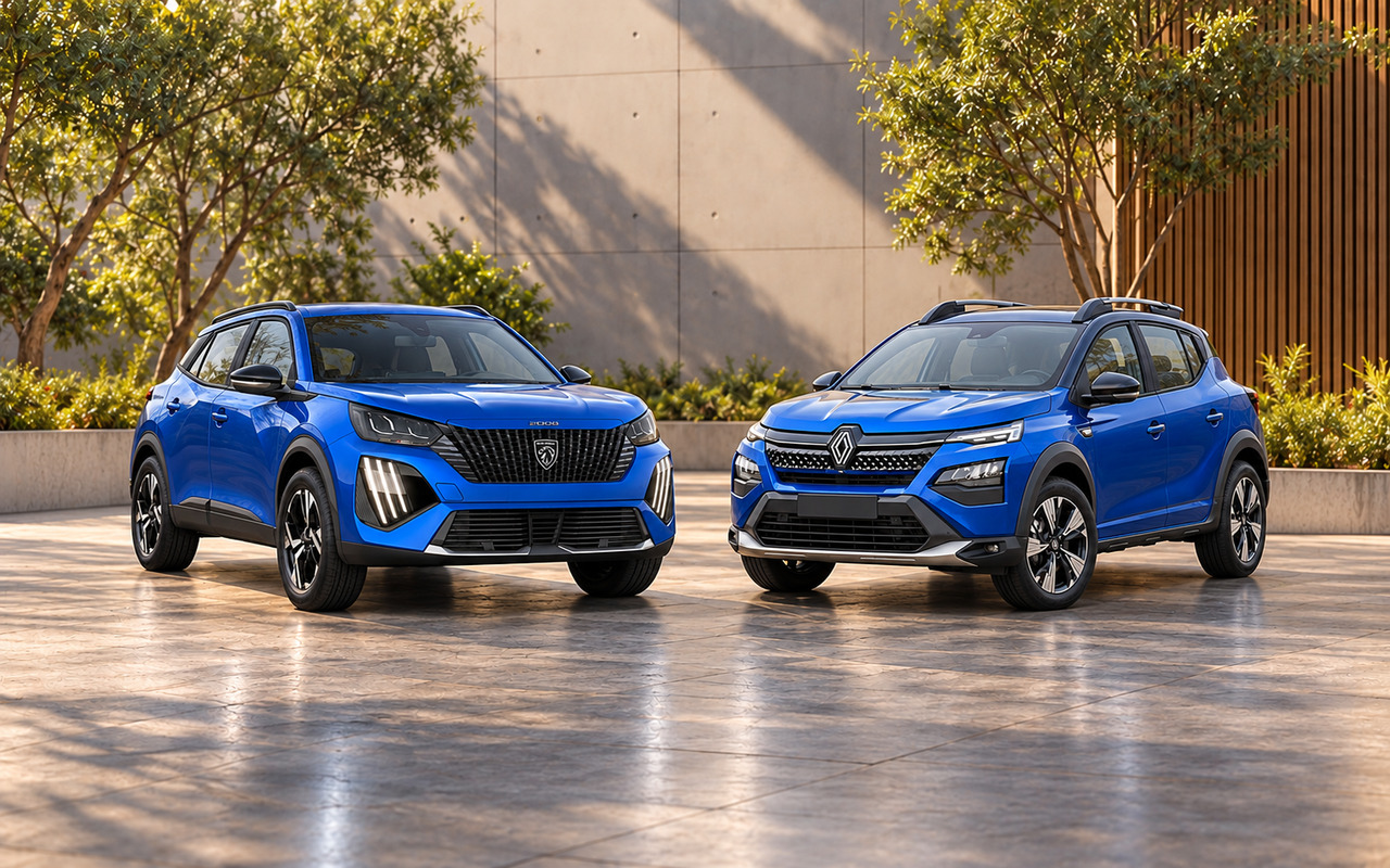 Peugeot 2008 Active e Renault Kardian Iconic azuis em composição comparativa, vistos de frente e de lado