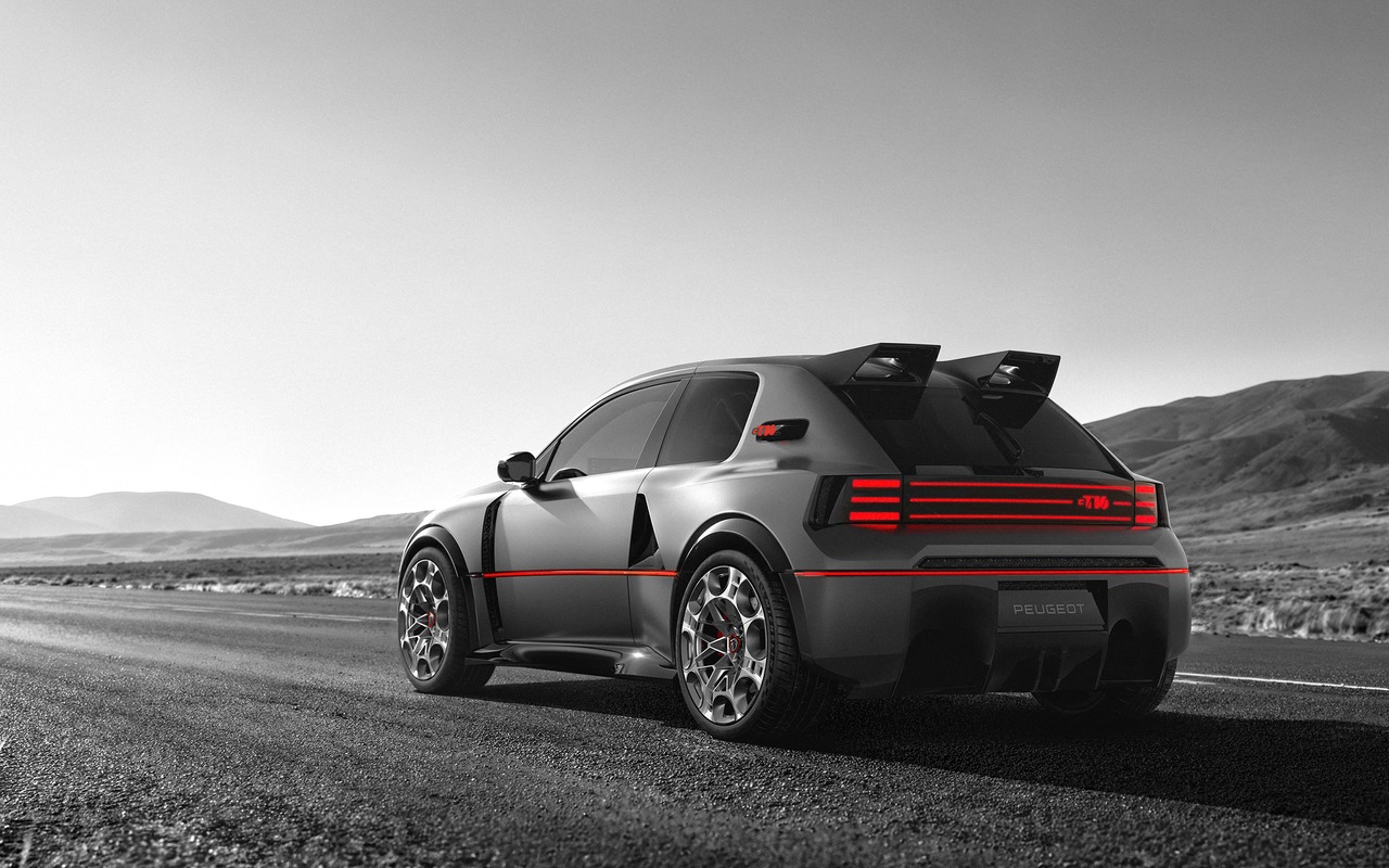 Traseira do Peugeot E-T16 Concept cinza, com aerofólio e luzes horizontais