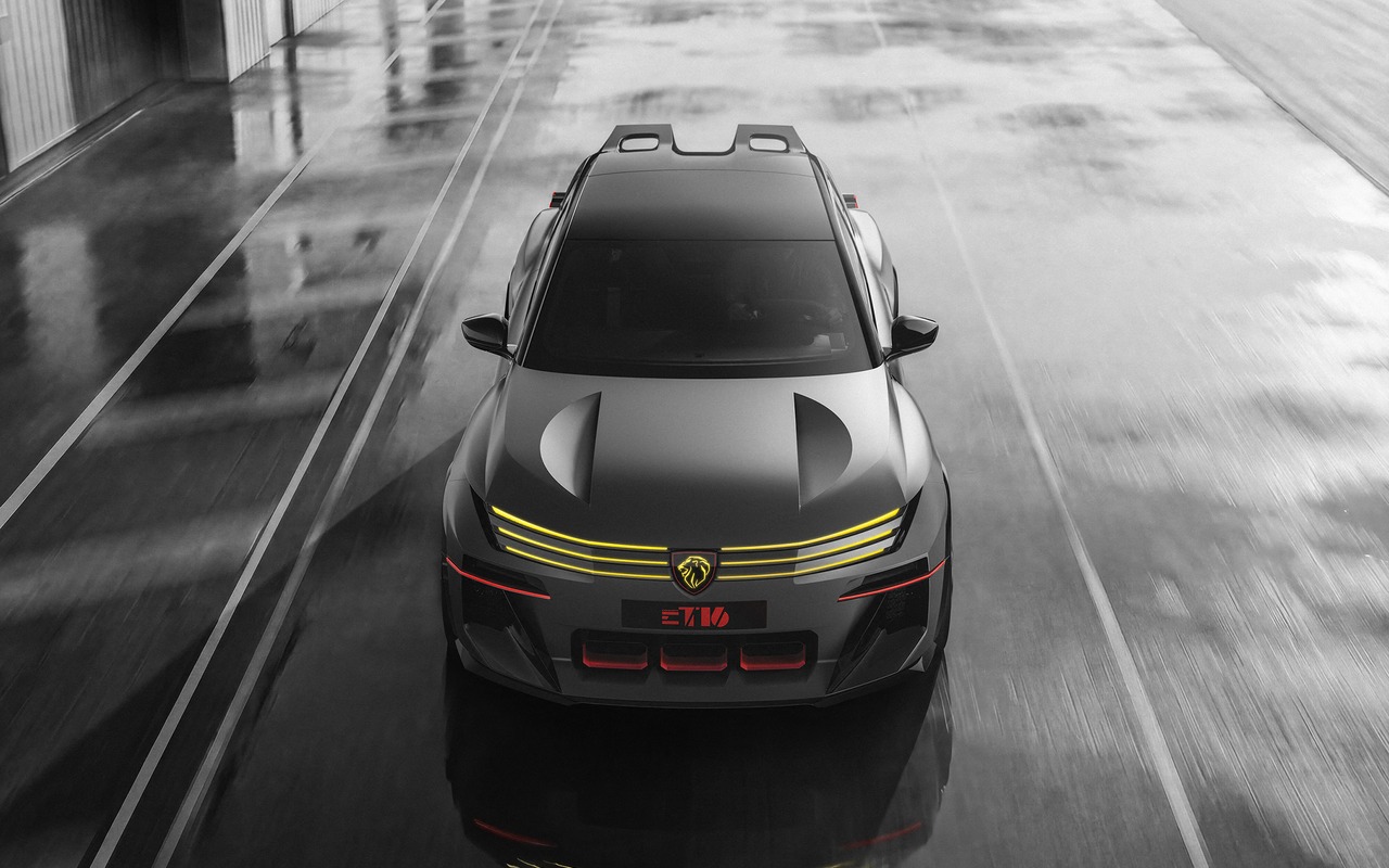 Peugeot E-T16 Concept cinza visto de frente e de cima, com luzes amarelas e detalhes vermelhos