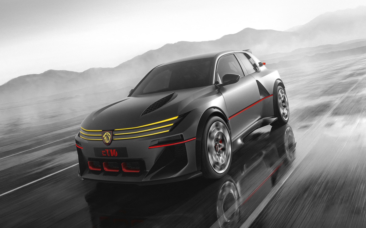 Peugeot E-T16 Concept cinza visto de frente em três quartos sobre pista molhada