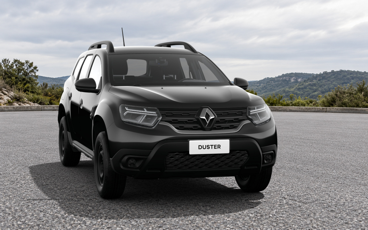 Renault Duster Zen Plus preto visto de frente, com fundo ilustrativo