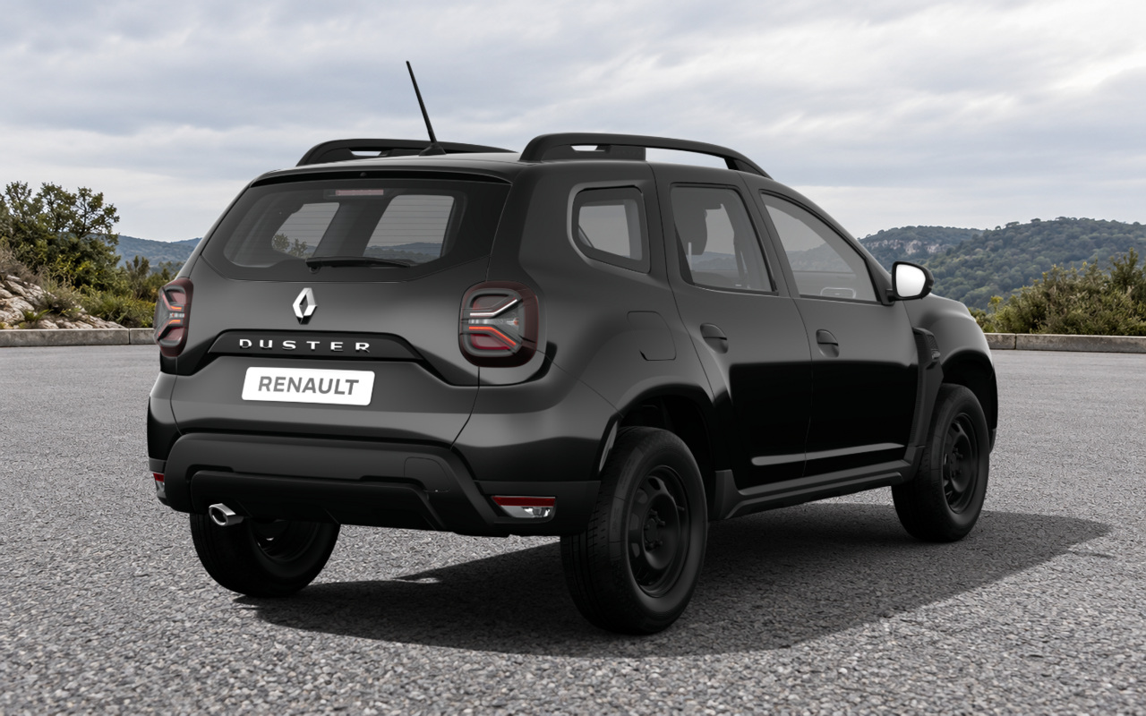 Renault Duster Zen Plus preto visto de três quartos traseiros, com fundo ilustrativo
