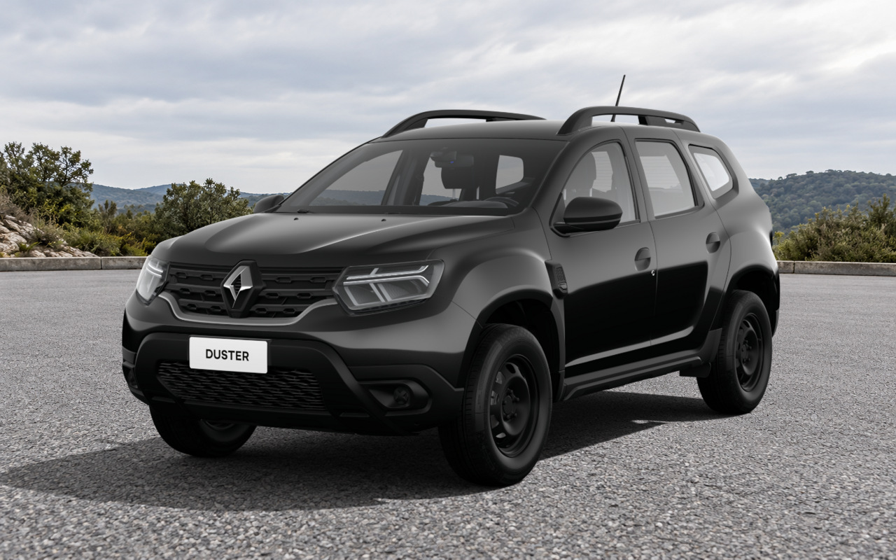 Renault Duster Zen Plus preto visto de três quartos dianteiros, com fundo ilustrativo