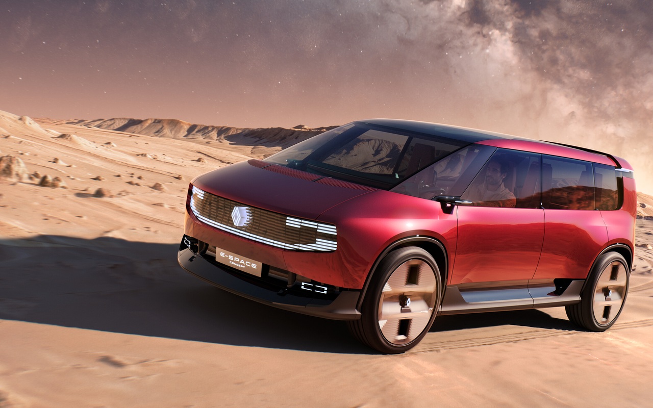 Renault E-Space Concept vermelho visto de três quartos dianteiro em enquadramento aproximado