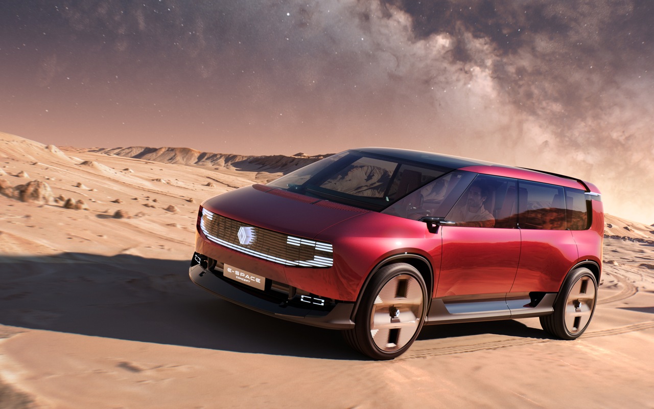 Renault E-Space Concept vermelho visto de três quartos dianteiro