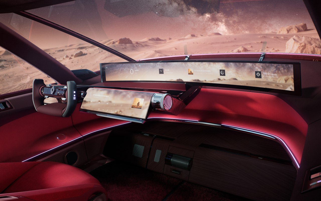 Painel do Renault E-Space Concept com tela panorâmica e comandos centrais