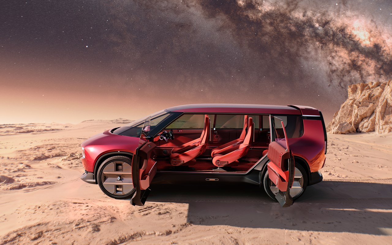 Renault E-Space Concept com portas abertas e seis bancos visíveis