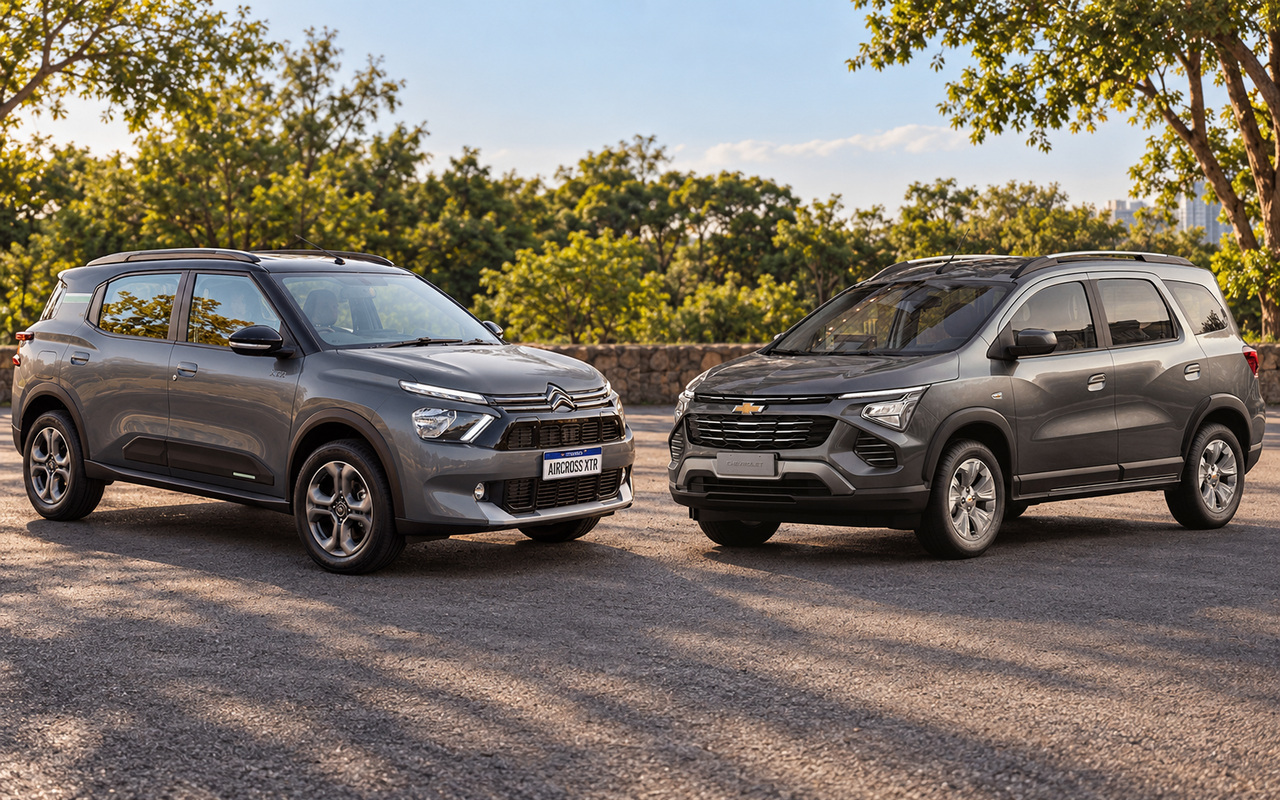Montagem do Citroën Aircross XTR à esquerda e Chevrolet Spin LTZ à direita, vistos de frente e de lado