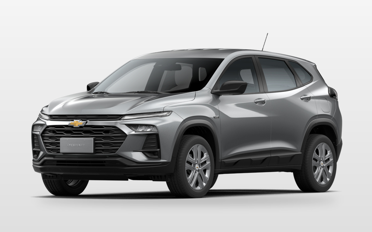 Imagem digital oficial do Chevrolet Tracker AT prata em três-quartos dianteiros