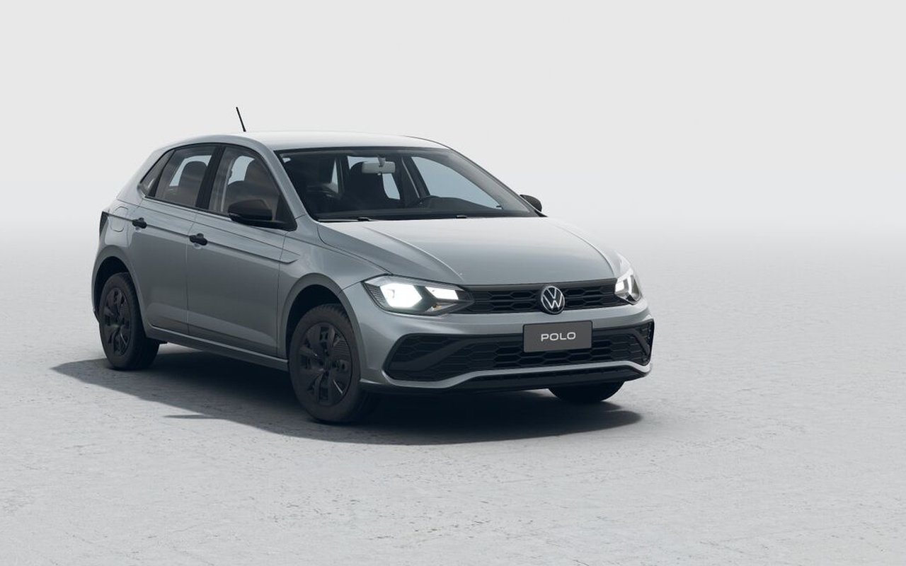 Render oficial do Volkswagen Polo Track 2027 prata em três quartos dianteiro, extraído da visão 360°