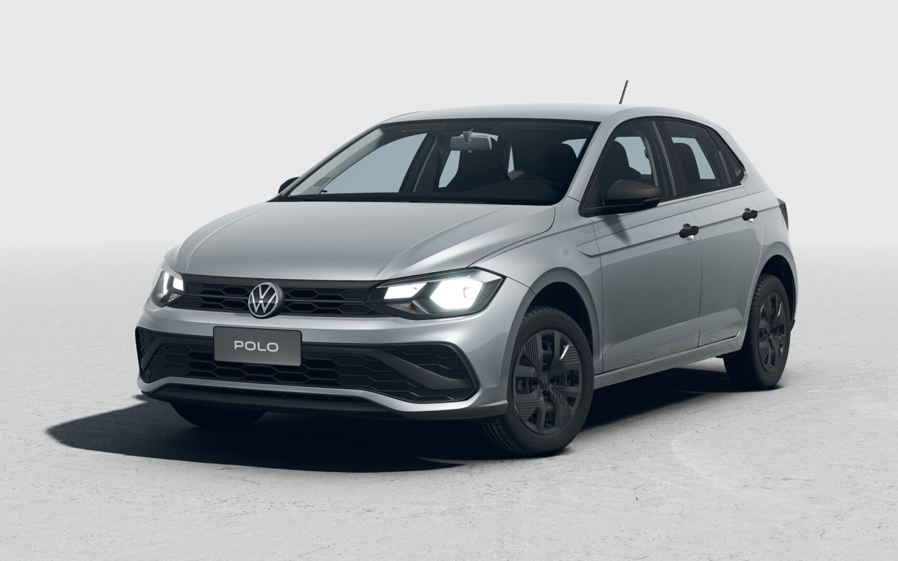 Render oficial do Volkswagen Polo Track 2027 Prata Sirius visto de três quartos dianteiro