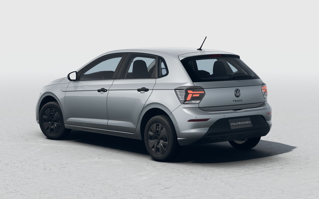 Render oficial do Volkswagen Polo Track 2027 prata, com sensores no para-choque traseiro