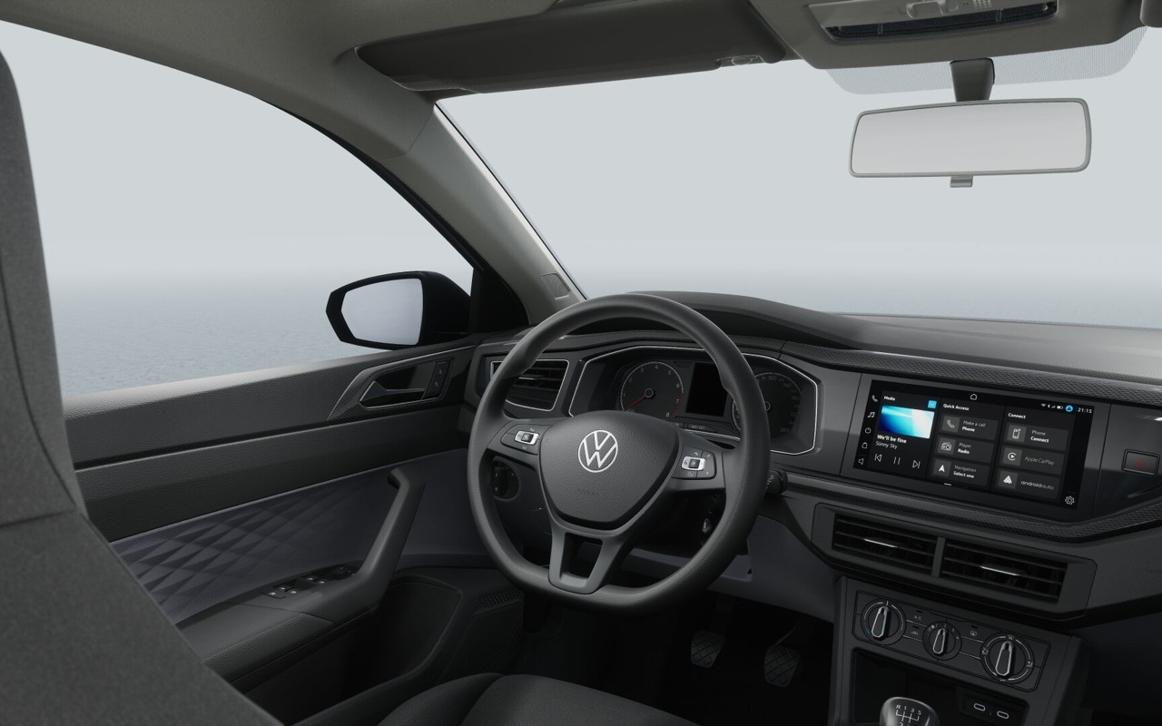 Render oficial do interior do Polo Track 2027 com central VW Play e comandos dos vidros e retrovisores elétricos
